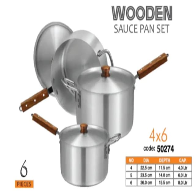 Sonex Sauce Pan Wooden Hanlde With Lid  Set 46 Metal Finish